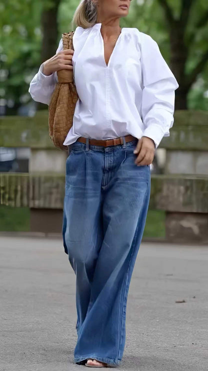 V-Neck Blouse & Dark Blue High-Waisted Wide-Leg Jeans Set