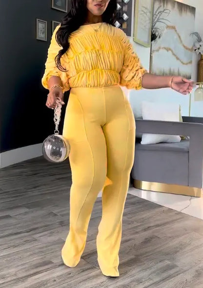 Off Shoulder Ruched Top & Flare Pants Two Piece Set