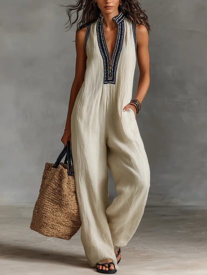 Women's V-Neck Cotton Linen Ethnic Print Casual Jumpsuit