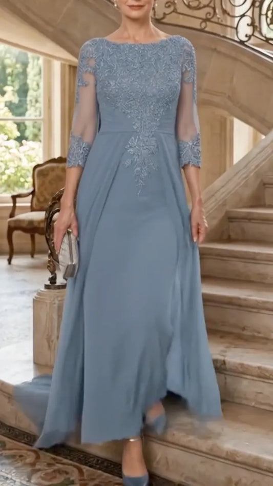 Lace Chiffon 3/4 Sleeve Maxi Dress