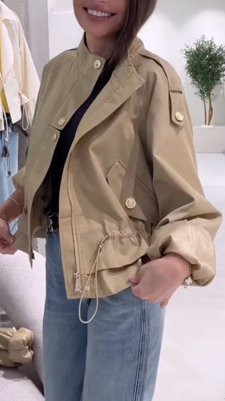 Beige Drawstring Waist Utility Jacket