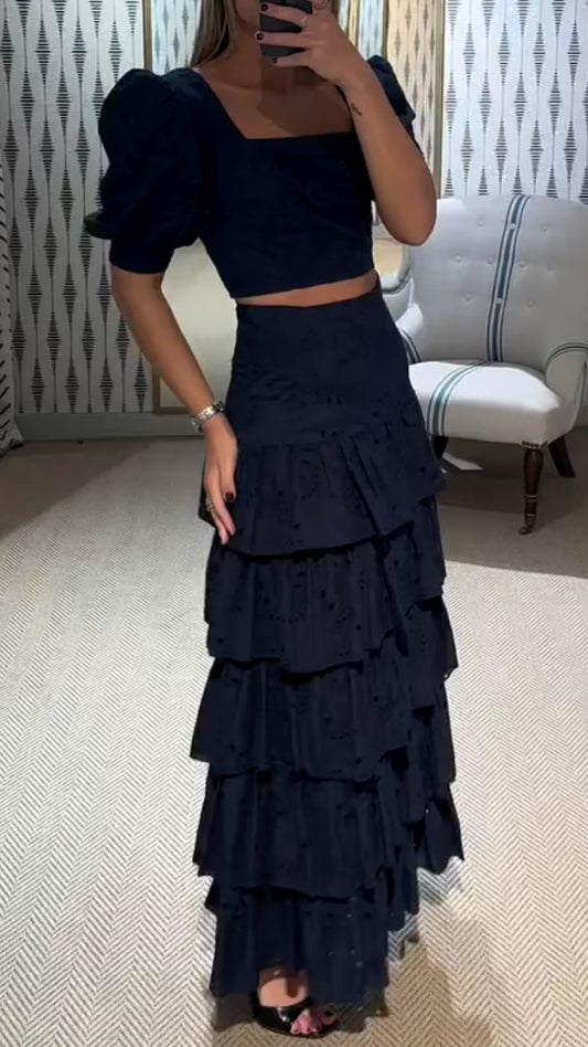 Eyelet Puff-Sleeve Crop Top & Tiered Maxi Skirt Set