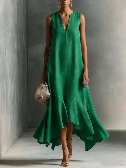 Green Faux Cotton-linen V-neck Sleeveless Maxi Dress