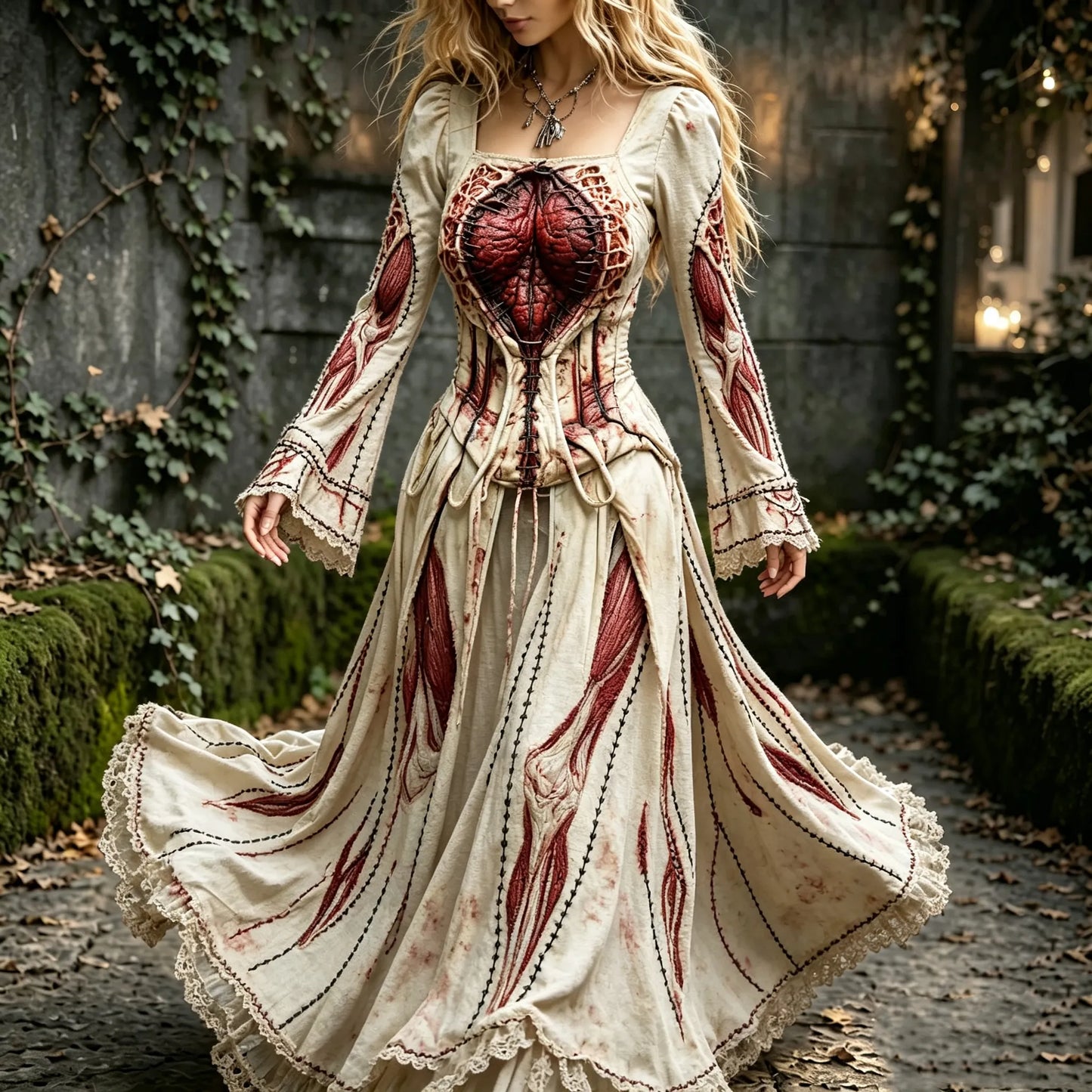 Women's Retro Human Body Structure Halloween Pattern Casual Long-sleeved Dress