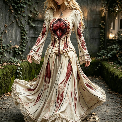 Women's Retro Human Body Structure Halloween Pattern Casual Long-sleeved Dress