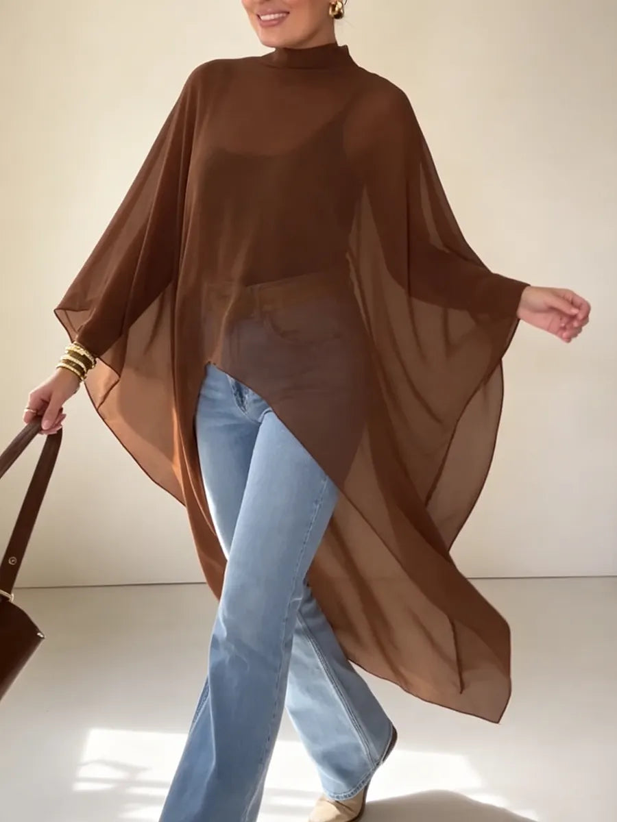 Elegant Mock-neck Asymmetrical Chiffon Cape Top