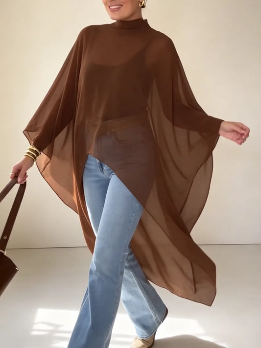 Elegant Mock-neck Asymmetrical Chiffon Cape Top