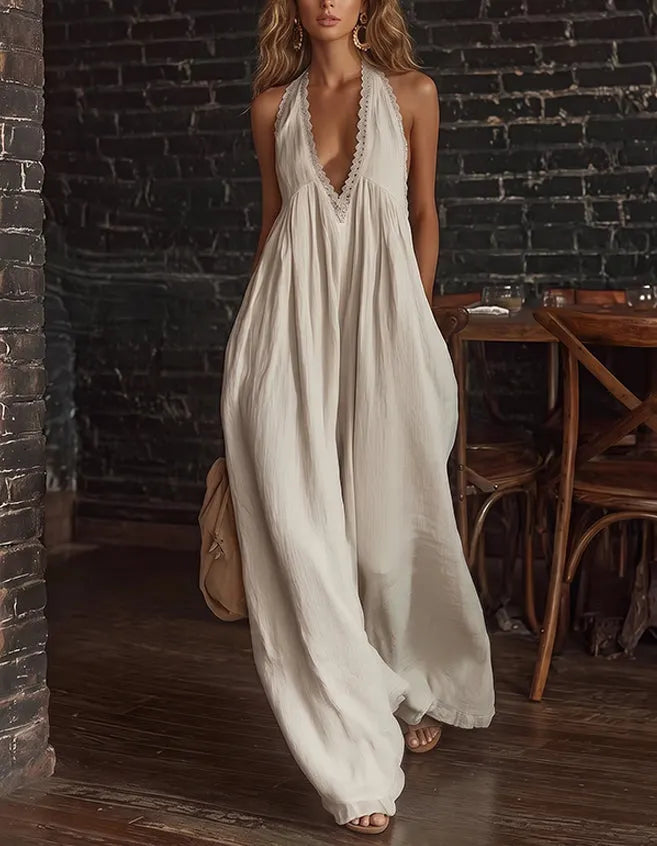 Women's Casual, Elegant, Comfortable Lace-trimmed Loose Linen Jumpsuit