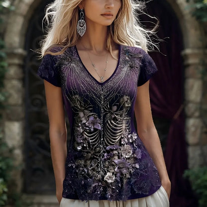 Women's Boho Goth Floral Ribcage Graphic Shirt