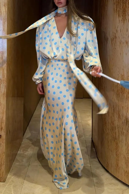 Women's V-Neck Polka Dot Satin Maxi Dress