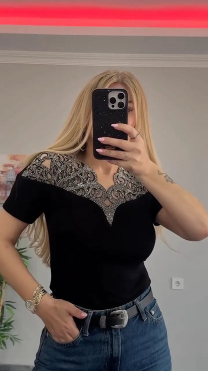 Black Rhinestone Lace Neckline Top