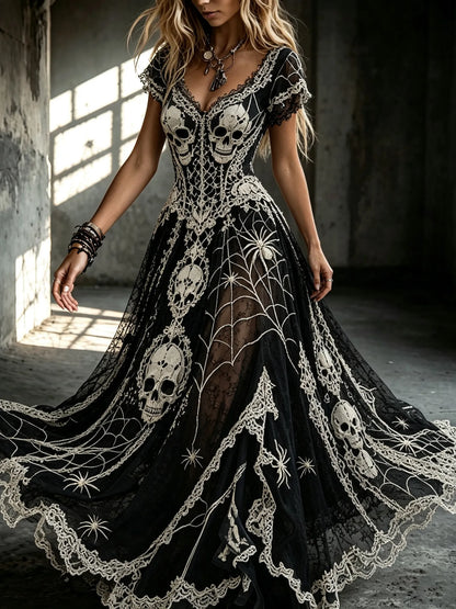 Women's Retro Skull Spider Bat Design V-neck Dress