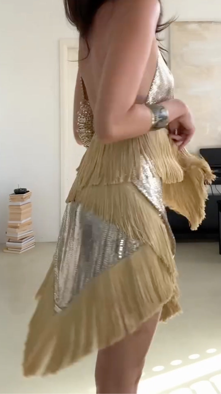 Gold Silver Sequin Fringe Halter Neck 2 Piece Set