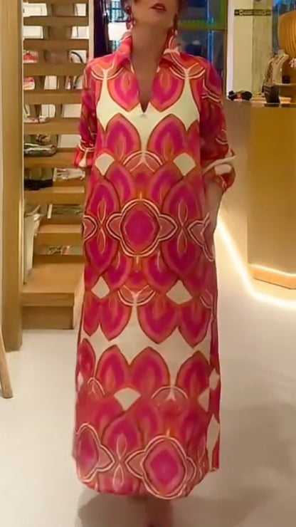 Geometric Print Shirt Collar Maxi Dress