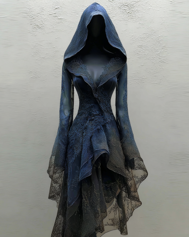 Halloween Themed Irregular Ruffle Lace Patchwork Hooded Dress 25b4