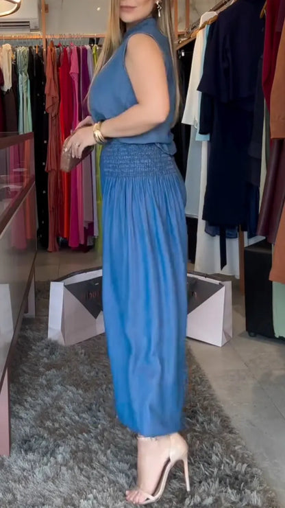 Sleeveless Collared Shirt And Harem Pants Suit
