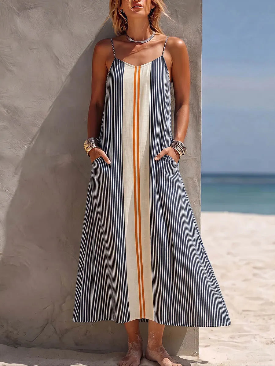 Women's Striped Print V-neck Sleeveless Casual Loose Cotton-linen Camisole Dress