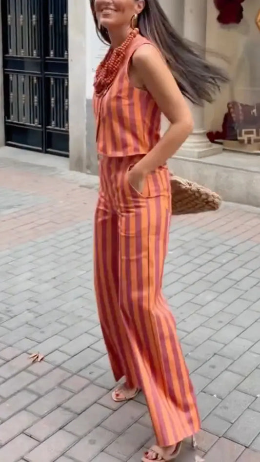 Women's Cotton-Linen Striped Set: Sleeveless Top + Trousers