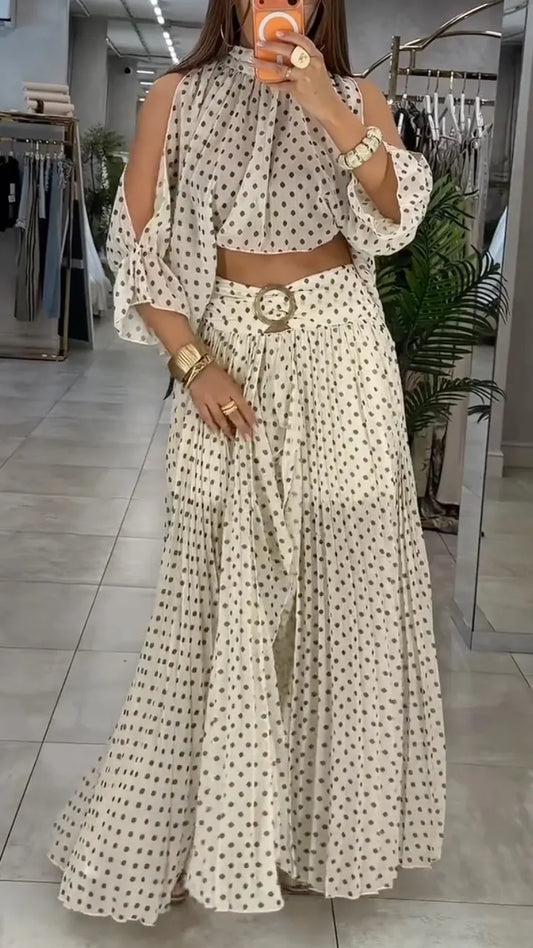 Polka Dot Halter Crop Top & Pleated Maxi Skirt Set