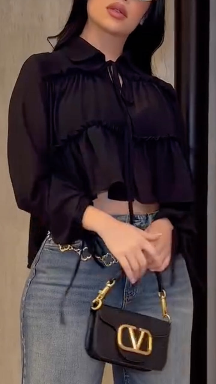 Women's Lapel Top with Chiffon Splicing