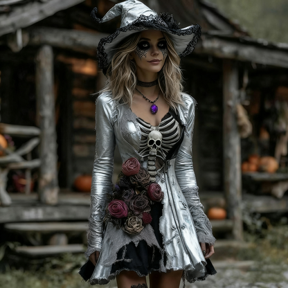 Women's Halloween Rose Skeleton Witch Cosplay Midi Dress