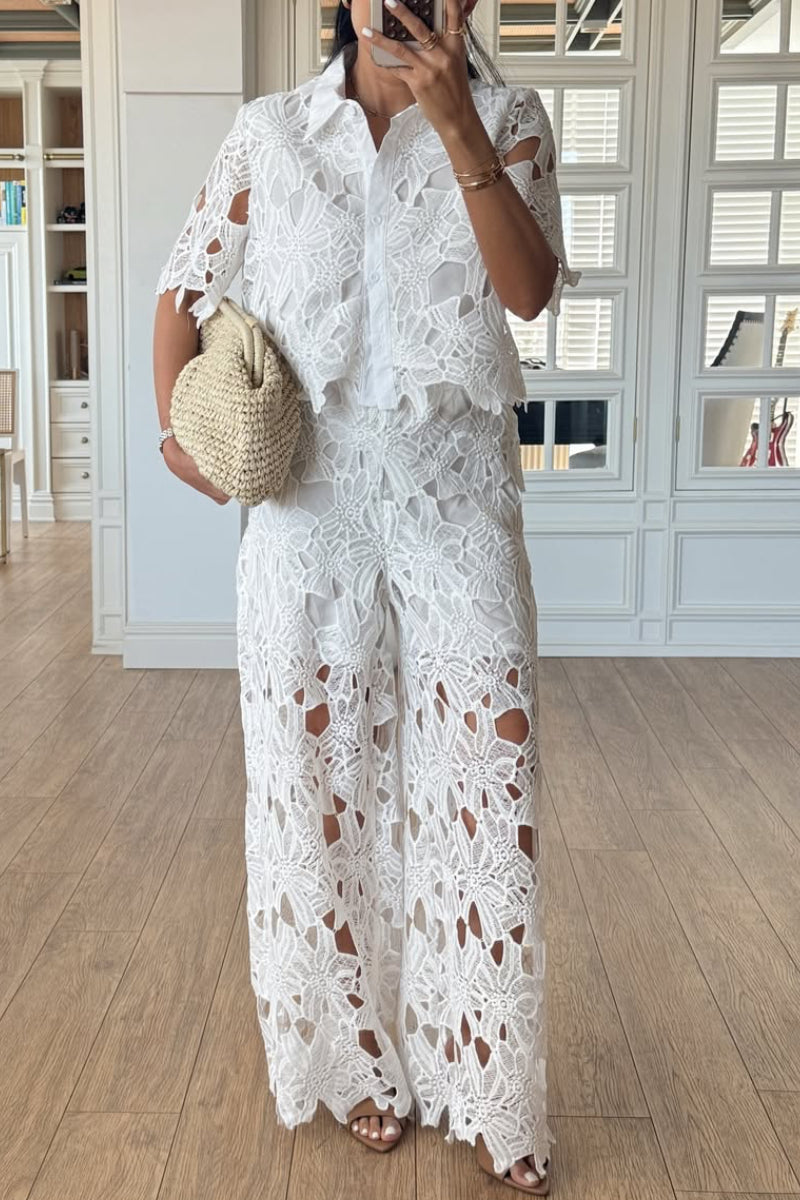 Floral Lace Shirt Wide Leg Pants Two-Piece Set