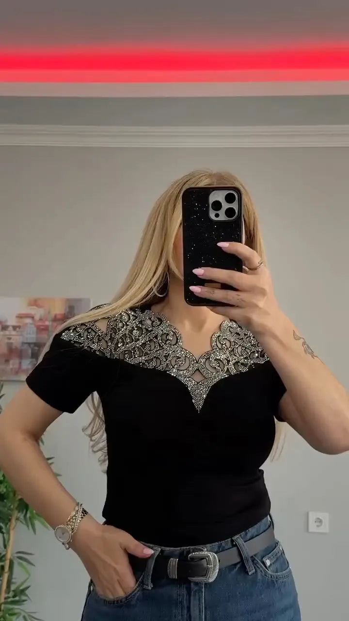 Black Rhinestone Lace Neckline Top