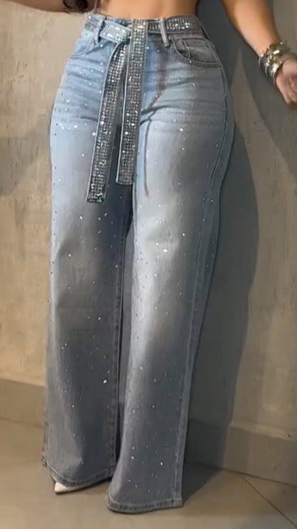 Gradient Glitter High-Waisted Wide-Leg Jeans