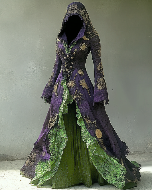 Halloween Contrast Star And Moon Embroidered Lace Hooded Dress 40d7