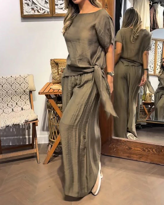 Olive Green Linen Tie Side Two Piece Lounge Set