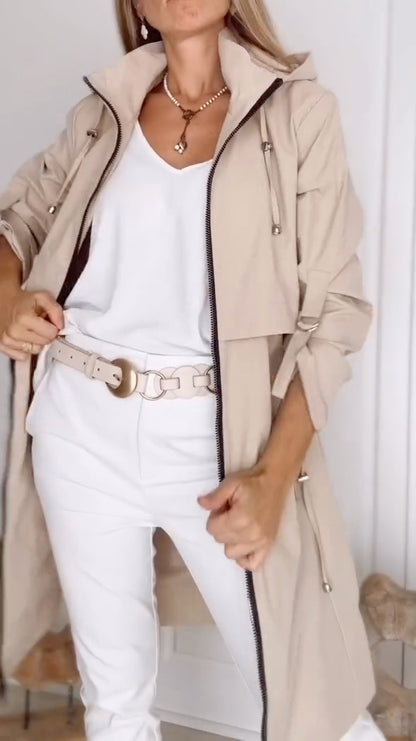 Khaki Hooded Waist-Tied Trench Coat