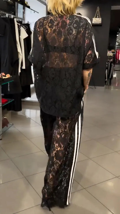 Black Lace Lapel Striped 2 Piece Set