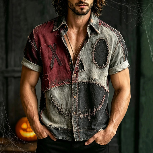 Men's Retro Halloween Scared Specter Face Patchwork Art Casual Shirt