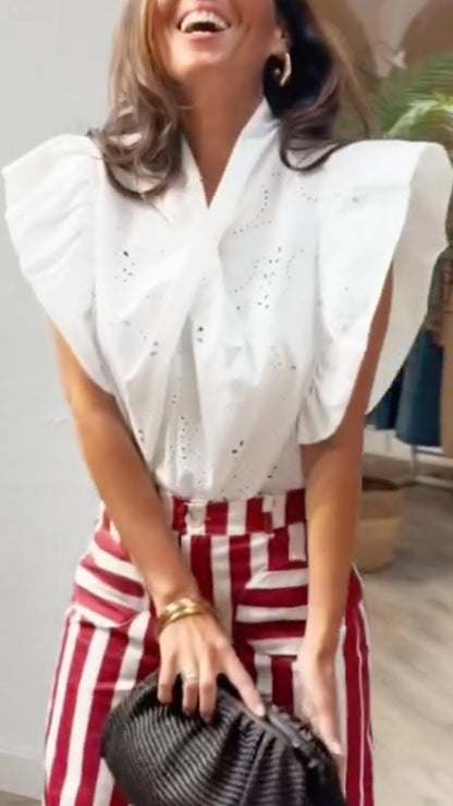 Women's Flutter-Sleeve Shirt & Striped Trousers Set