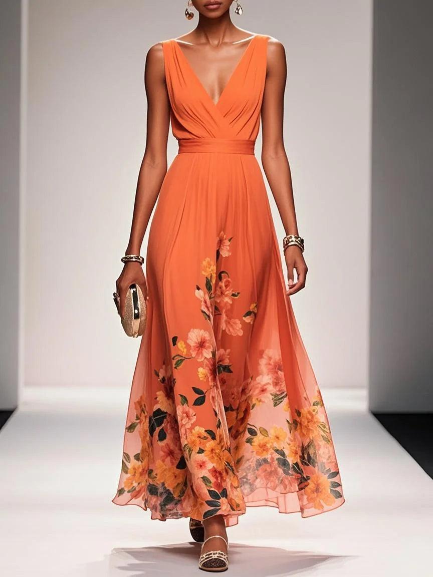 Light Blue Floral Chiffon V Neck Sleeveless A-Line Maxi Dress