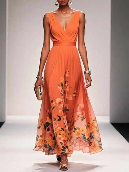 Light Blue Floral Chiffon V Neck Sleeveless A-Line Maxi Dress