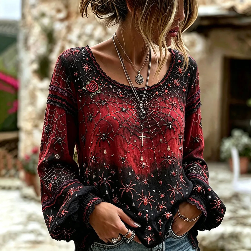Women's Vintage Halloween Spider And Rose Art Distressed Crewneck Long Sleeve Top