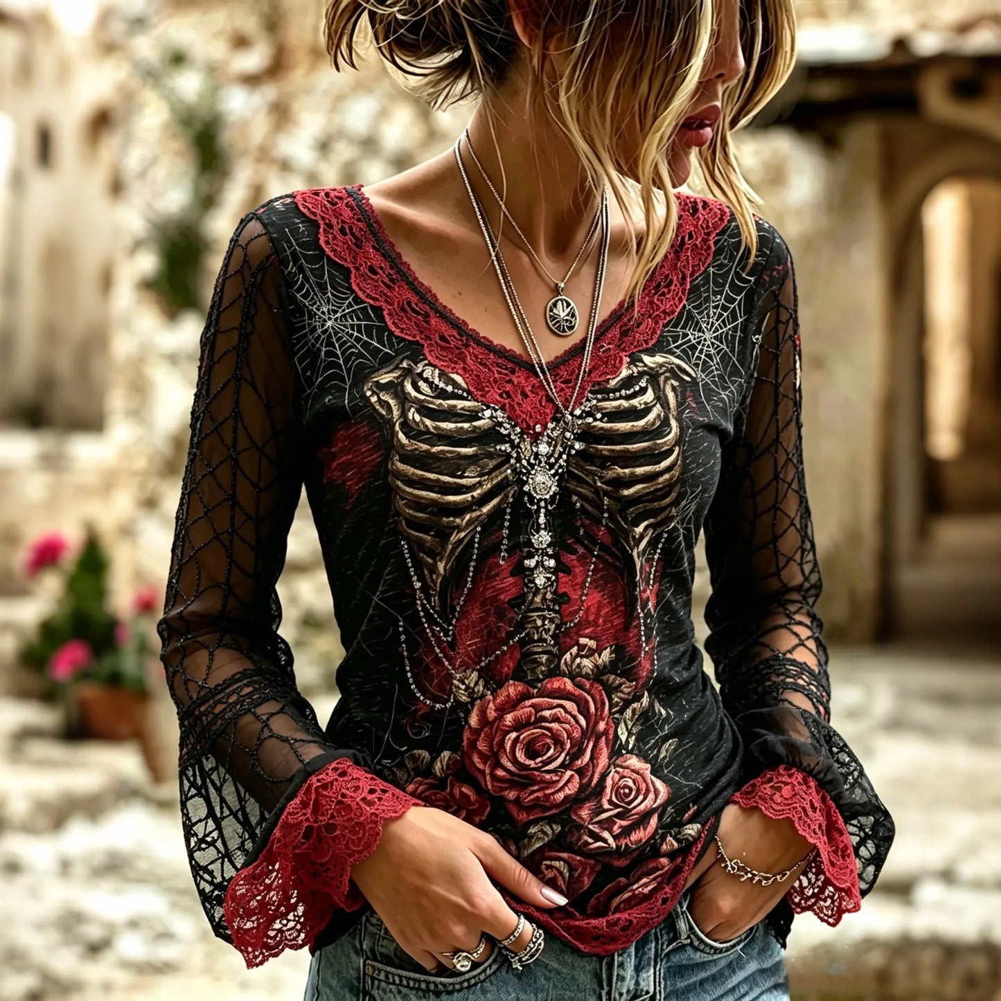 Women's Dark Rose Skull Spiderweb Design Cotton Linen Long-sleeve T-shirt