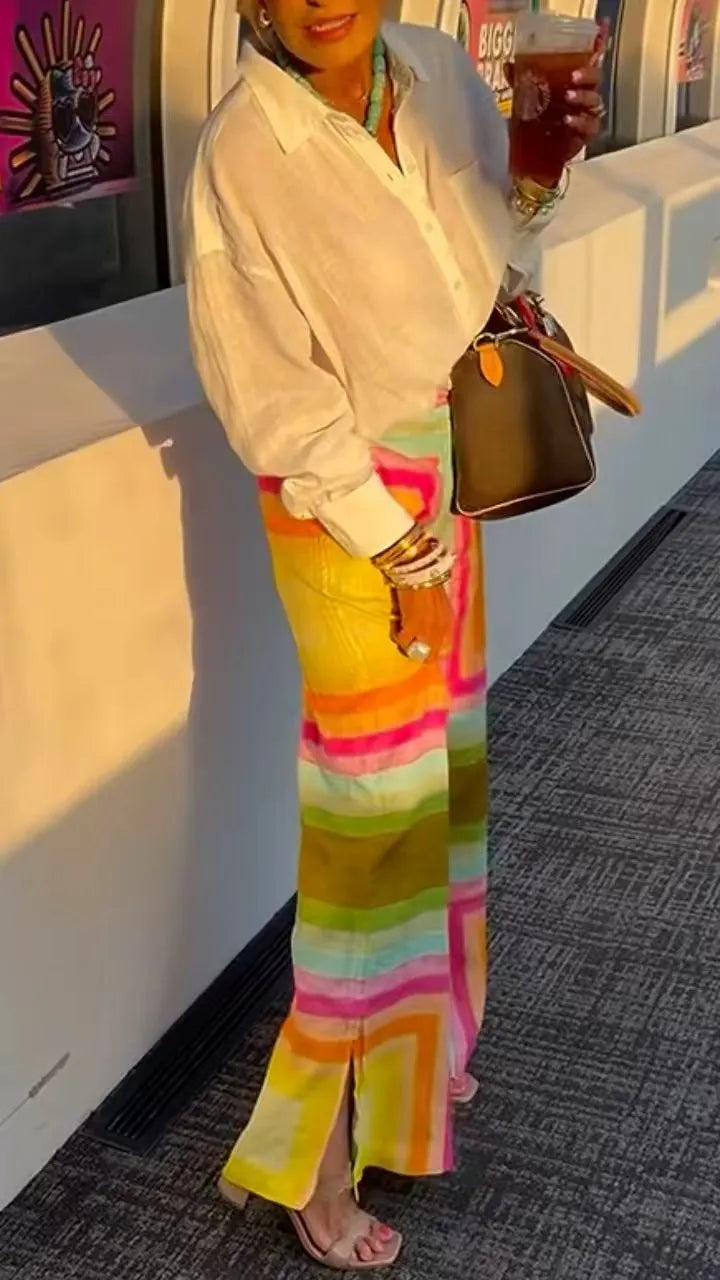 White Linen Shirt & Colorful Geometric Wide-Leg Pants Set