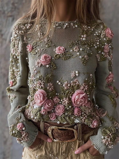 Vintage Pink Roses Pearls Embroidered Cozy Knit Sweater