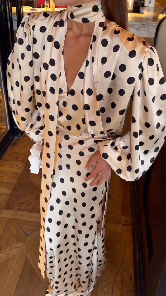 Women's V-Neck Polka Dot Satin Maxi Dress