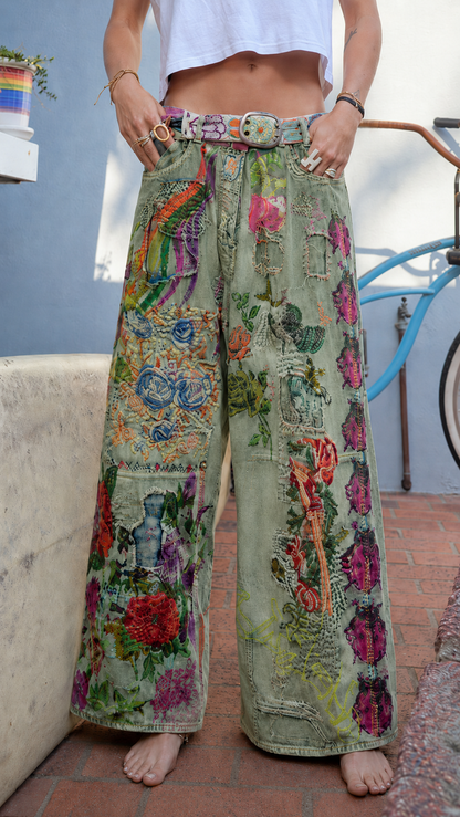 Colorful Floral Embroidered Wide-Leg Jeans