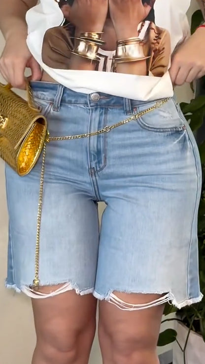 White Graphic Tee & Denim Shorts Outfit