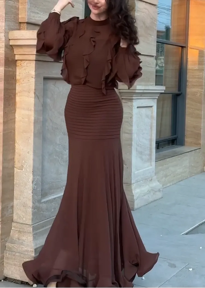 Brown Ruffle Long Sleeve Top & Ribbed Mermaid Maxi Skirt Two-Piece Set