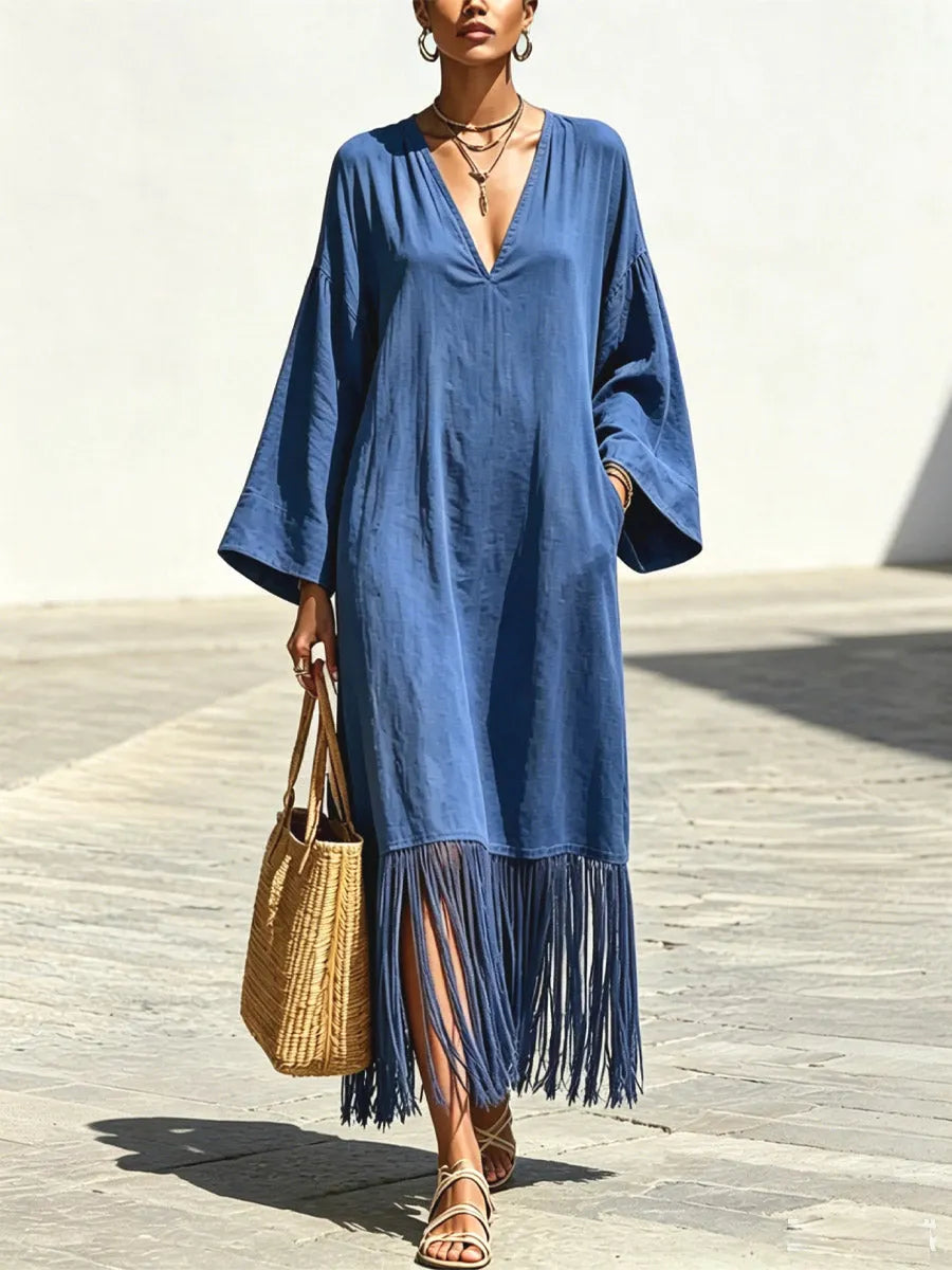 Women's Tassel Patchwork Loose Art Casual Stylish Long Sleeve Cotton Linen Dress