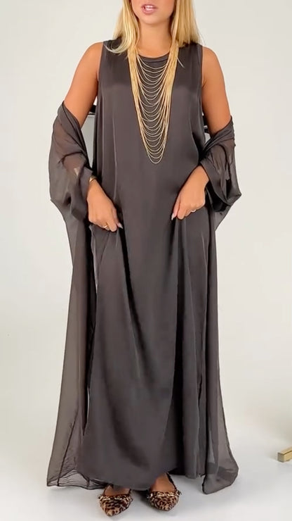 Sheer Chiffon Loose Maxi Robe And Satin Round Neck Long Dress Elegant Two Piece Set