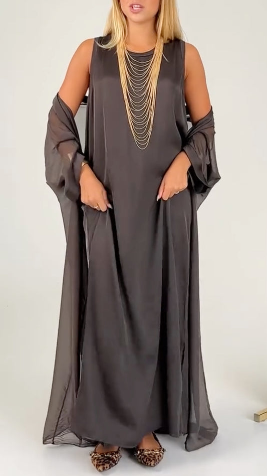Sheer Chiffon Loose Maxi Robe And Satin Round Neck Long Dress Elegant Two Piece Set
