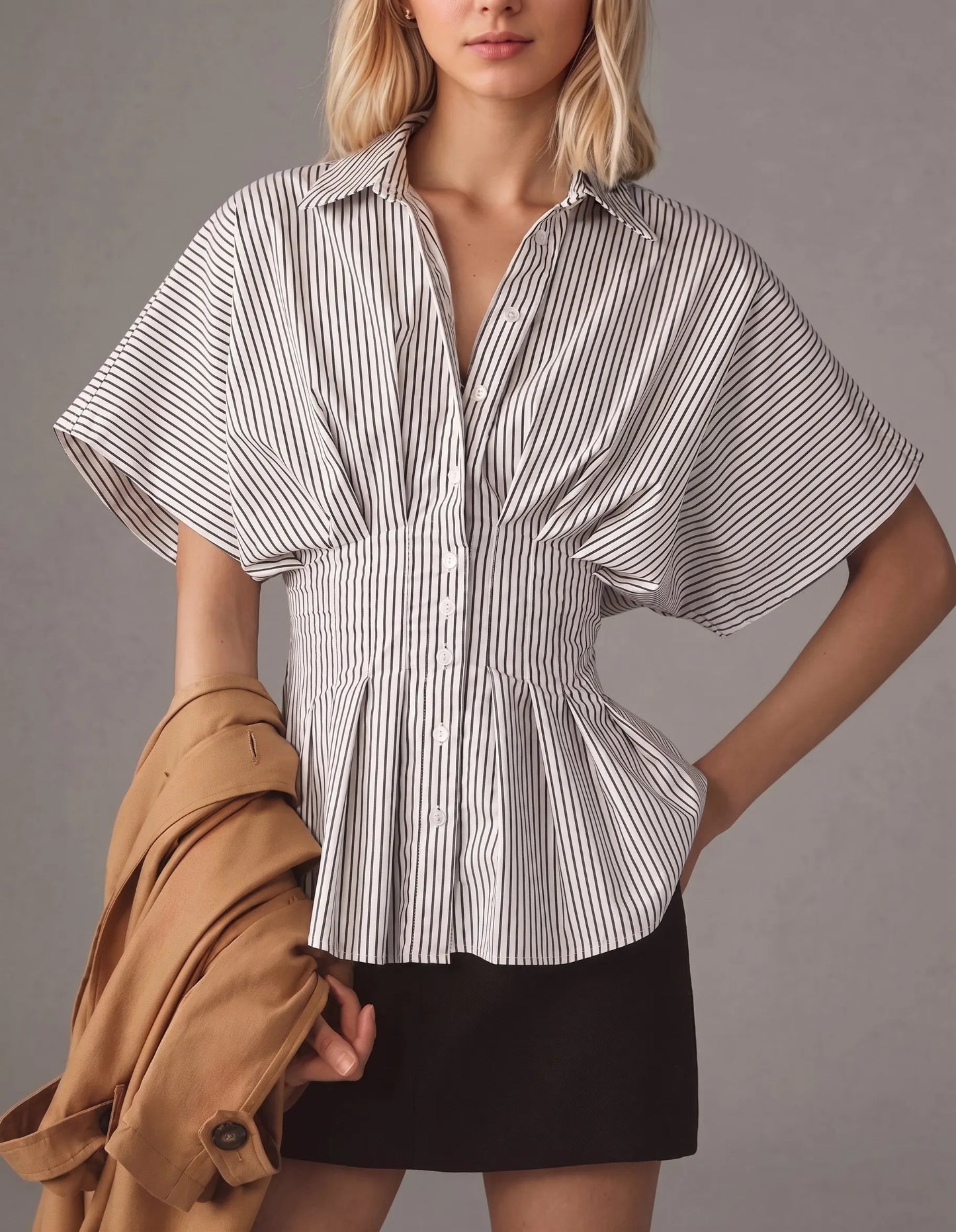 Women's Casual Versatile Striped Pleated Waist Slimming Top