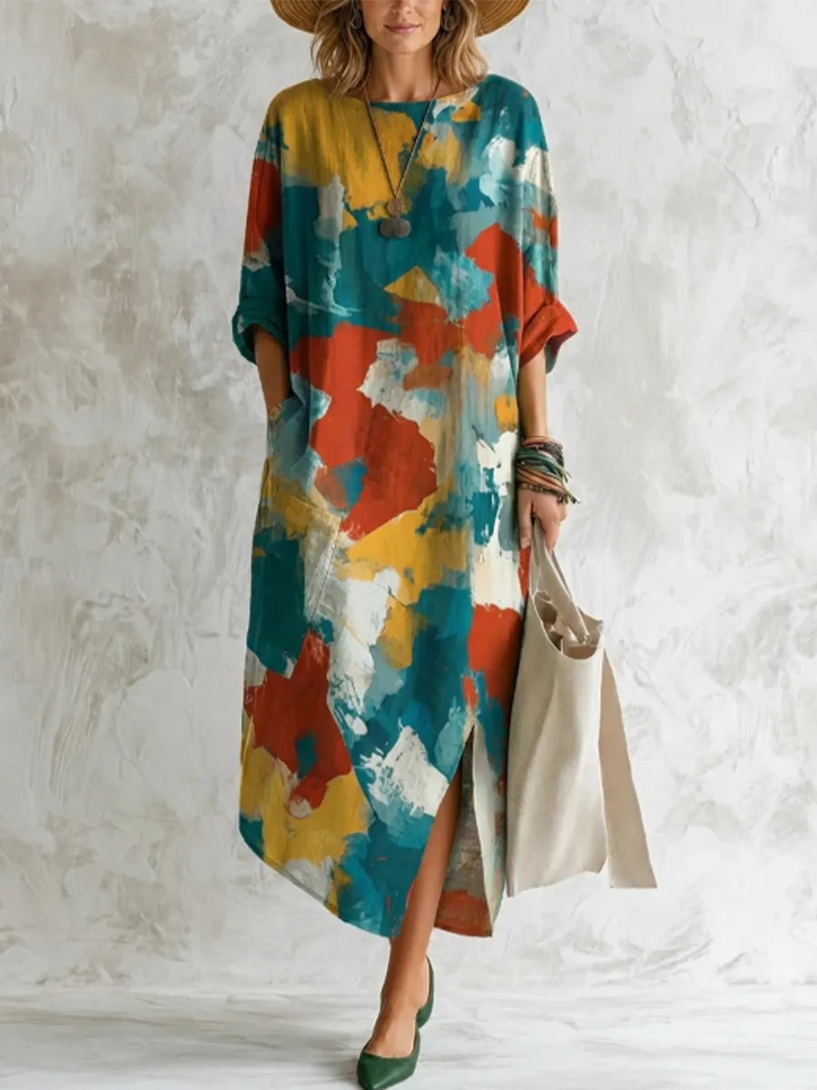Art Watercolor Color Block Oil Painting Print Round Neck Rollable 3/4 Sleeve Side Slit Loose Linen Maxi Dress