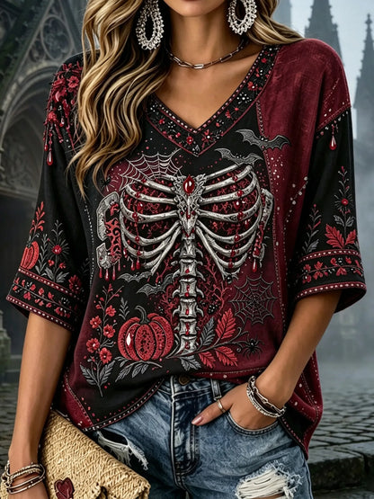 Women's Halloween Floral Skull Pumpkin Bat Patchwork V-neck Cotton Linen Top